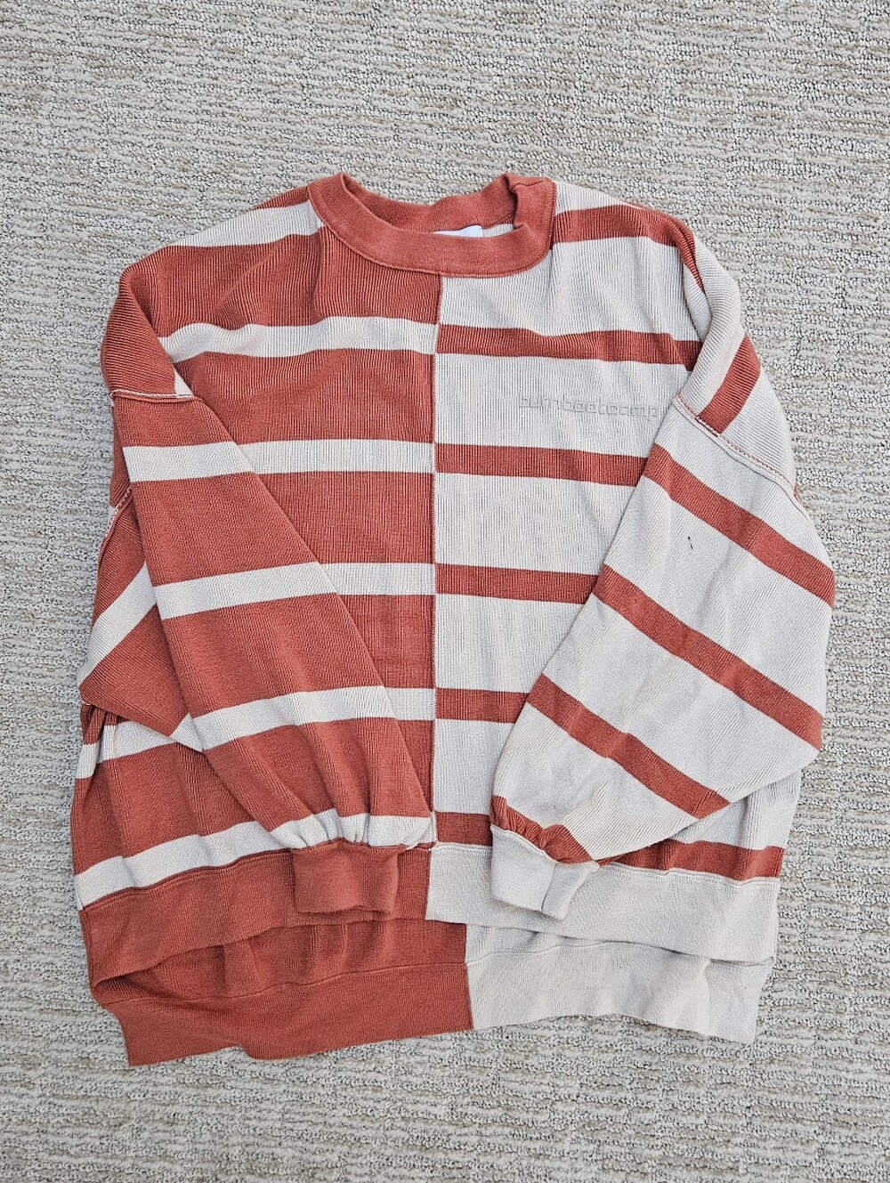 Half-and-Half Striped Crewneck Sweater in Rust and Cream